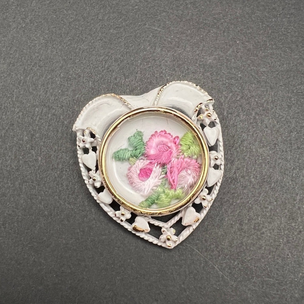 Vintage Heart Brooch White Pink Floral Embroidered Framed Encased Cottage Cozy